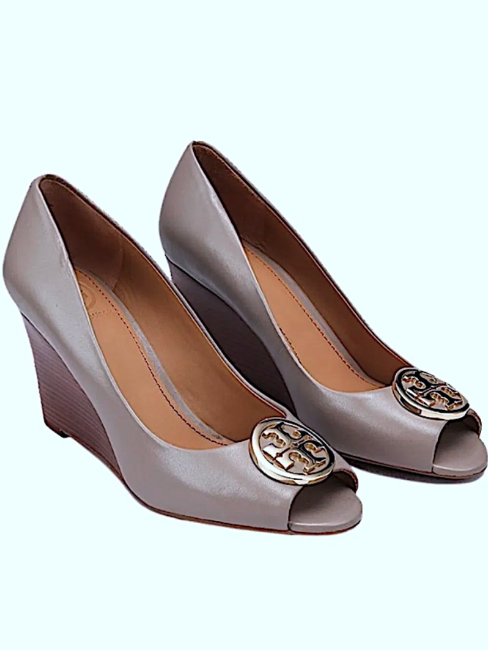 Tory Burch French Grey Leather Julianne Peep Toe Wedge Pumps